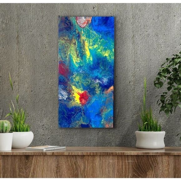 Splatter Blue, Yellow and Green Pour Painting 10 x 20 Stretched Canvas Art - Picture 9 of 10